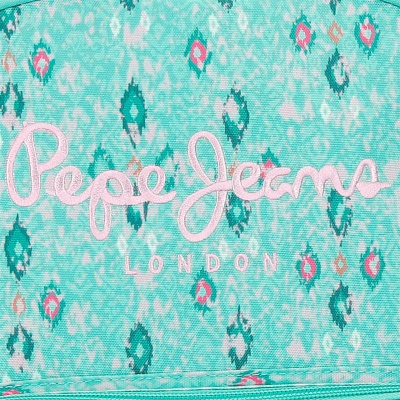Školní batoh na kolečkách Pepe Jeans Sun s tyrkysovým vzorem a odnímatelným vozíkem umožňuje použití jako batoh i jako taška.