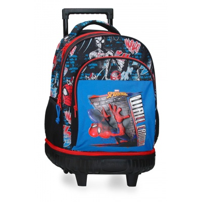 Školní batoh na kolečkách Spiderman Wall Crawler s výrazným komiksovým motivem a oblíbenou postavičkou Spidermana umožňuje pou