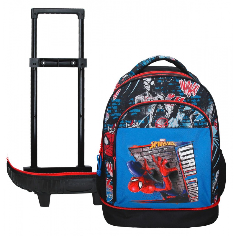 Školní batoh na kolečkách Spiderman Wall Crawler s výrazným komiksovým motivem a oblíbenou postavičkou Spidermana umožňuje pou