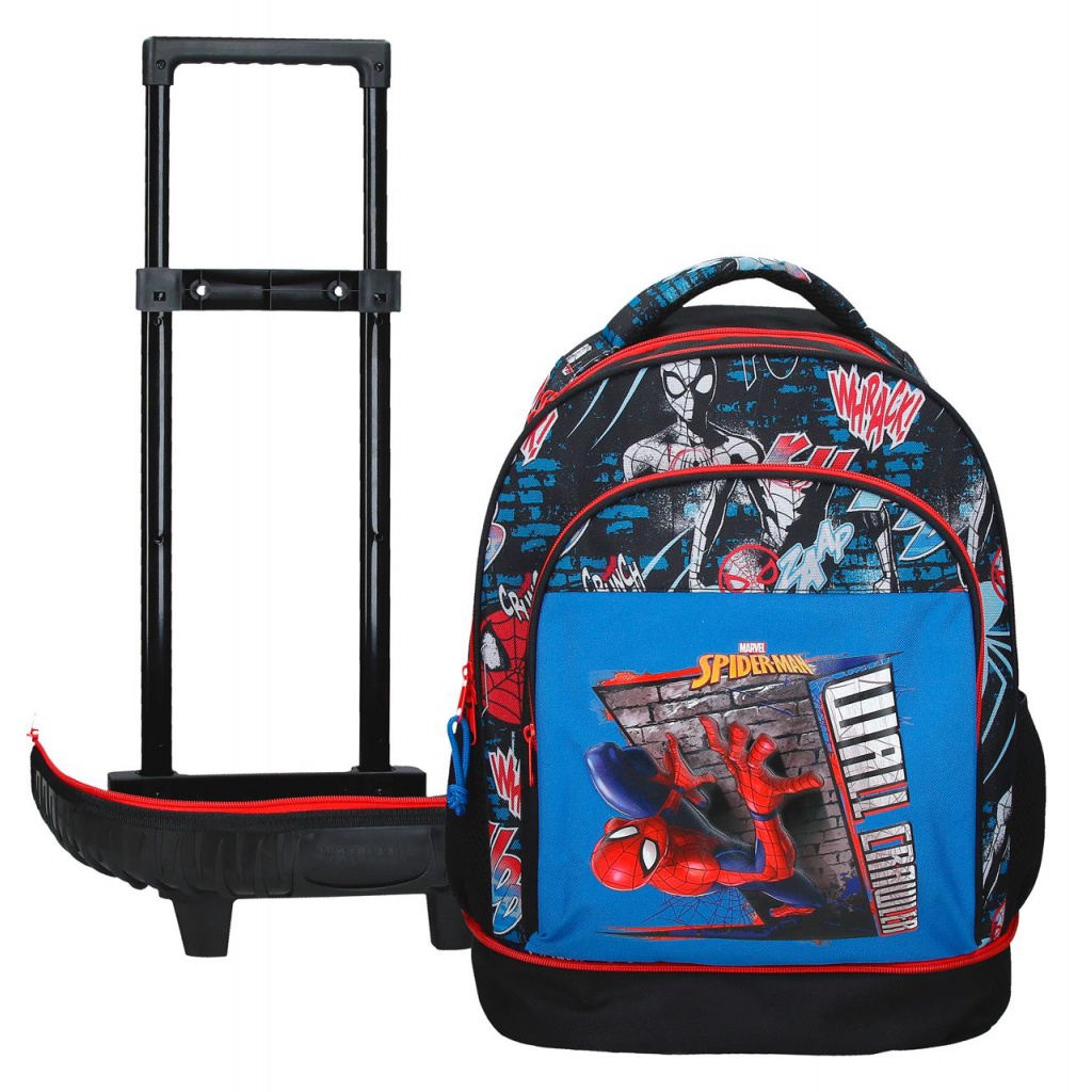Školní batoh na kolečkách Spiderman Wall Crawler s výrazným komiksovým motivem a oblíbenou postavičkou Spidermana umožňuje pou
