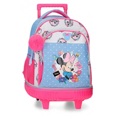 Školní batoh na kolečkách Minnie Flowers s květinovým motivem a oblíbenou postavičkou Minnie umožňuje použití jako batoh i pokud
