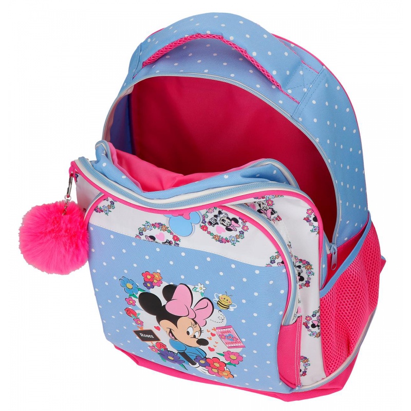 Školní batoh na kolečkách Minnie Flowers s květinovým motivem a oblíbenou postavičkou Minnie umožňuje použití jako batoh i pokud