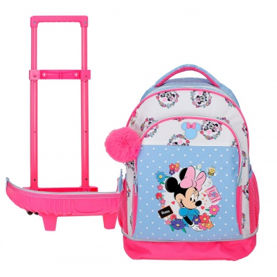 Školní batoh na kolečkách Minnie Flowers s květinovým motivem a oblíbenou postavičkou Minnie umožňuje použití jako batoh i pokud