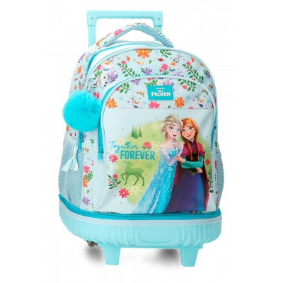 Školní batoh na kolečkách Frozen Forever s motivem oblíbených postaviček Elsy a Anny a květinovým vzorem umožňuje použití jak