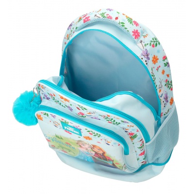 Školní batoh na kolečkách Frozen Forever s motivem oblíbených postaviček Elsy a Anny a květinovým vzorem umožňuje použití jak