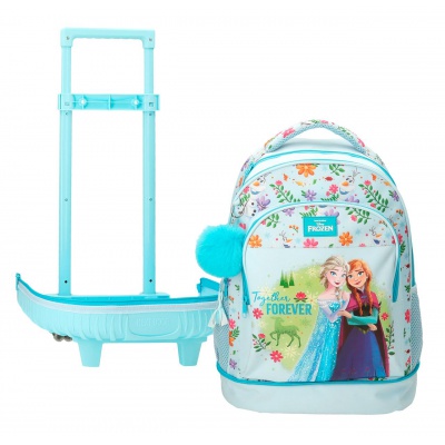 Školní batoh na kolečkách Frozen Forever s motivem oblíbených postaviček Elsy a Anny a květinovým vzorem umožňuje použití jak
