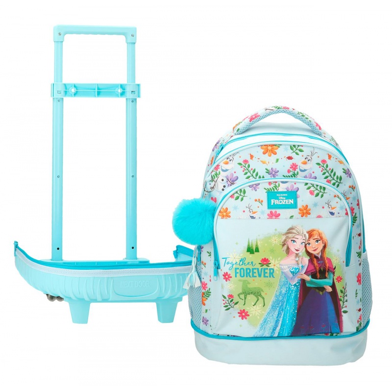 Školní batoh na kolečkách Frozen Forever s motivem oblíbených postaviček Elsy a Anny a květinovým vzorem umožňuje použití jak