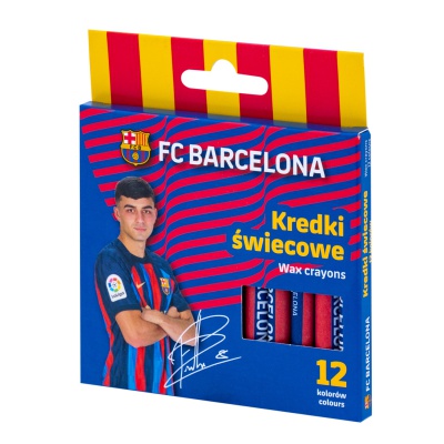 Sada 12 voskových pastelek s motivem FC Barcelona, vhodná pro malé fanoušky fotbalu. Syté barvy, kulatý tvar pro snadný