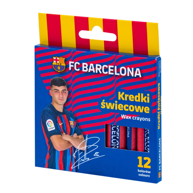 Sada 12 voskových pastelek s motivem FC Barcelona, vhodná pro malé fanoušky fotbalu. Syté barvy, kulatý tvar pro snadný