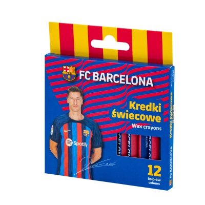 Sada 12 voskových pastelek s motivem FC Barcelona, vhodná pro malé fanoušky fotbalu. Syté barvy, kulatý tvar pro snadný