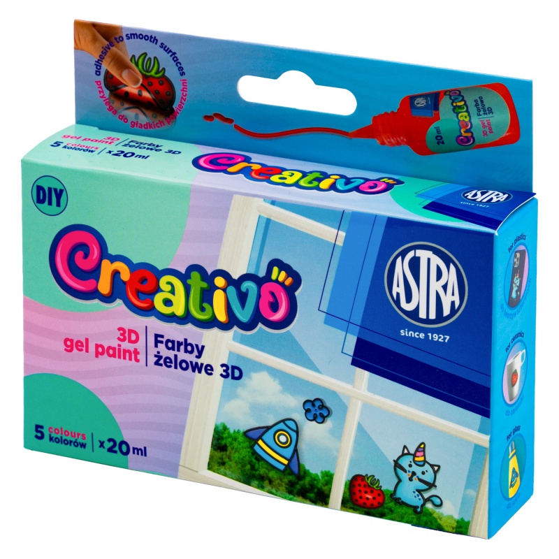 Gélové 3D farby Astra Creativo slúžia na výrobu vitrážových nálepiek a zdobenie skla, porcelánu, zrkadiel, keramických obkladov 