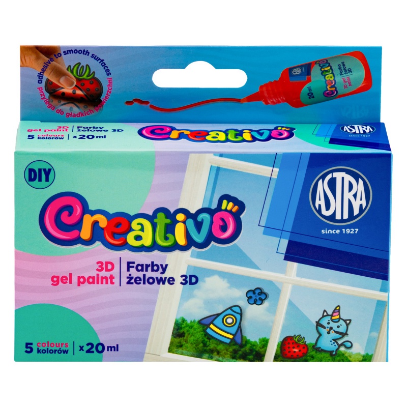 Gélové 3D farby Astra Creativo slúžia na výrobu vitrážových nálepiek a zdobenie skla, porcelánu, zrkadiel, keramických obkladov 