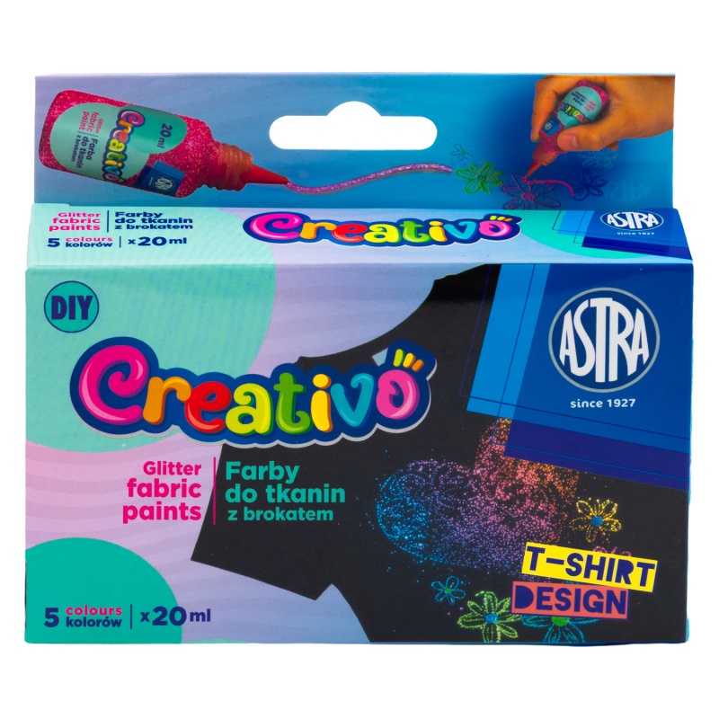 Farby na textil Astra Creativo sú po zaschnutí vodeodolné, trvanlivé a odolné voči praniu. Pomaľované látky sa dajú po 48 hodiná