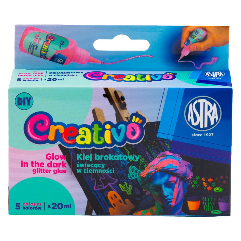 Trblietavé lepidlo Astra Creativo svieti v tme a pridá výtvorom výrazný a nečakaný efekt. Je dostupné v žiarivých neónových farb