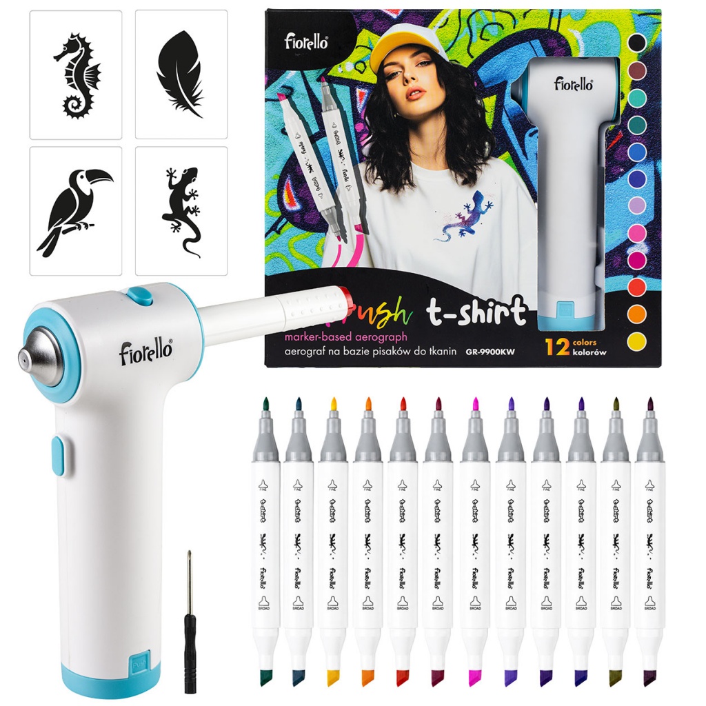 Airbrush sada na textil Fiorello s 12 fixkami a šablónami na tričká