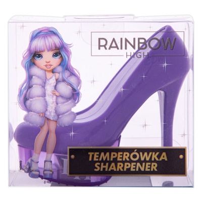 Designové plastové struhadlo HighHeel Rainbow High ve tvaru boty na podpatku je originální školní pomůckou pro všechny fanoušky