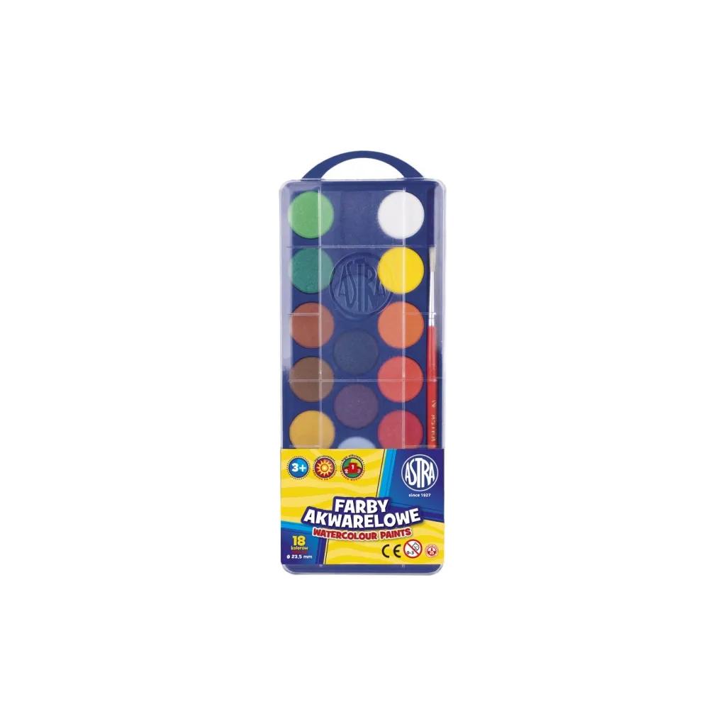 Vodové farby Astra 18 farieb + štetec – žiarivé odtiene, 23,5 mm
